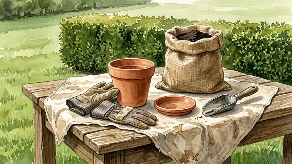 Step 4 of 15: Prepare a clean work area. A clean terracotta pot, scoop, saucer, gardening gloves and an open sack of potting mix laid out on a cloth-covered garden table.