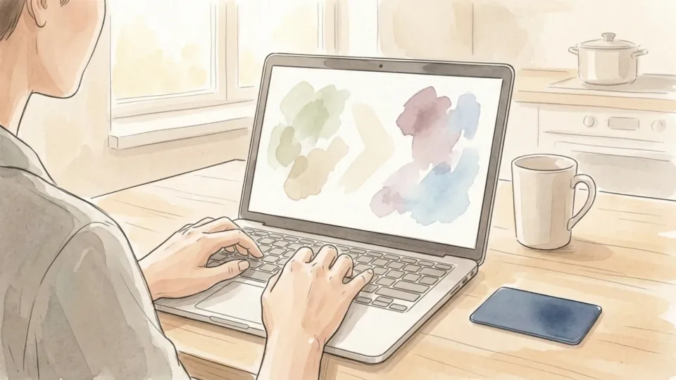 Step 6 of 15: Automate the transfer for payday. Hands setting up a transfer on a laptop at a kitchen table, with a bank card lying beside the keyboard.