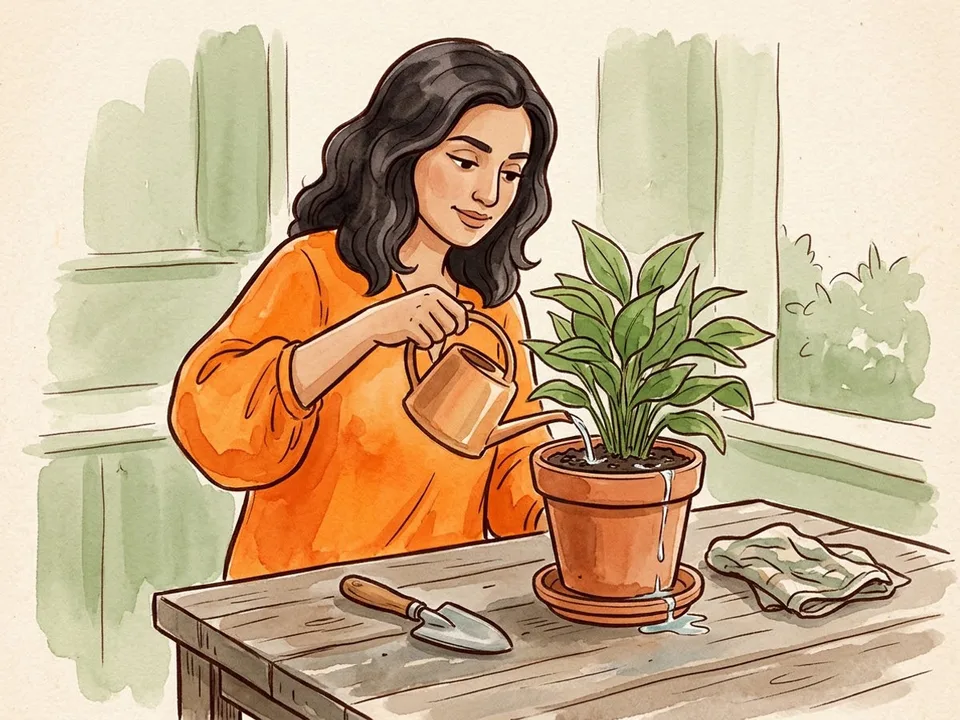 Step 8 of 12: Water in and settle. A gardener watering a freshly repotted plant until water drains