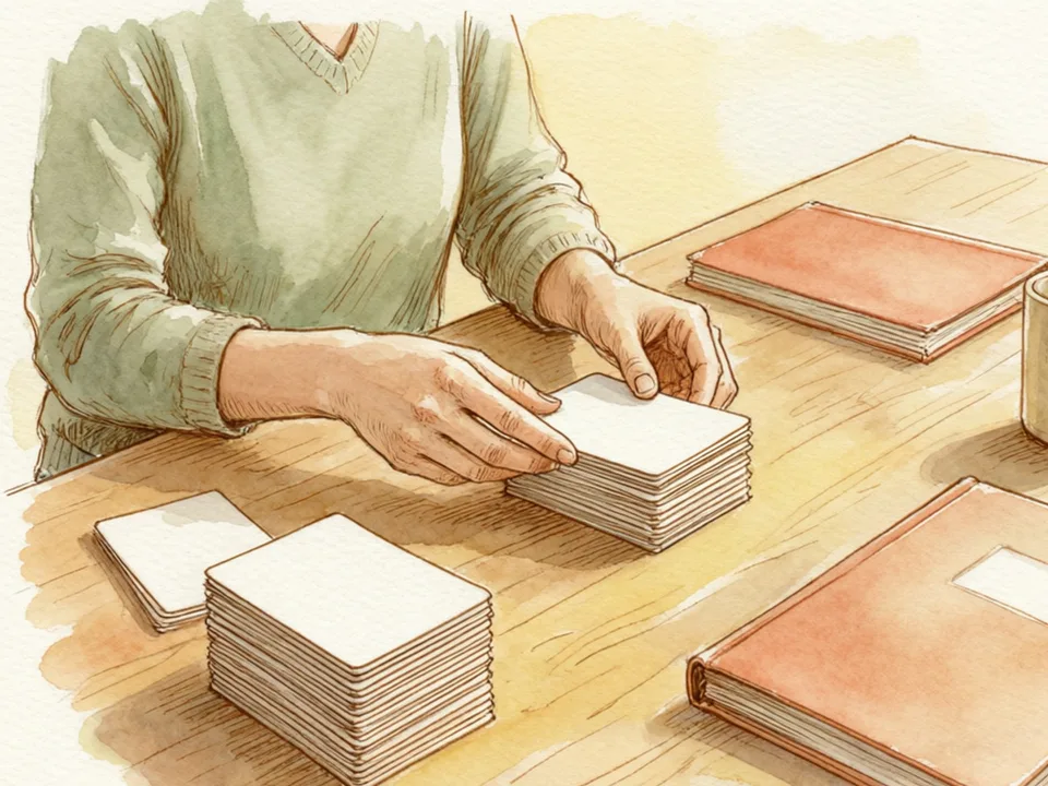 Step 1 of 12: Find out exactly what the exam covers. A person sorting index cards into three piles on a desk to plan exam revision