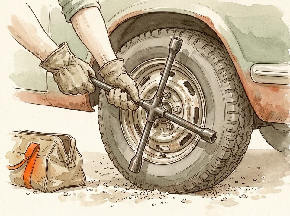 Step 6 of 15: Crack the lug nuts loose while the tire is still on the ground. A four-way lug wrench fitted onto a wheel nut, with the tire still resting on the driveway