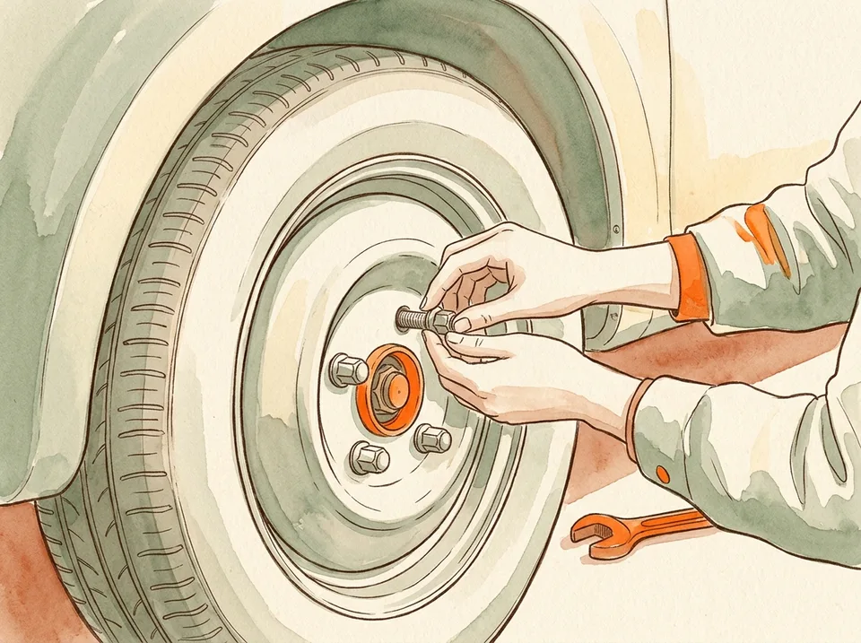 Step 11 of 15: Thread the nuts by hand so you do not cross the threads. Fingers threading a lug nut onto a wheel stud by hand, with the spare tire seated flat against the hub