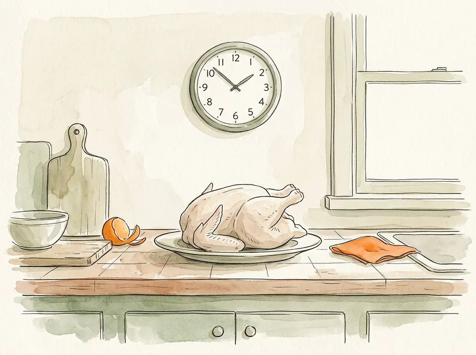 Step 2 of 15: Let it sit at room temperature for thirty minutes. A whole chicken resting on a plate on a kitchen counter, a clock on the wall behind, window light