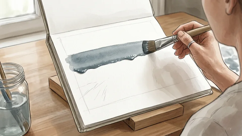 Step 6 of 15: Lay a flat wash on a tilted page. A sketchbook propped at a slight angle on a block while a loaded brush pulls a broad band of grey-blue wash across the page.