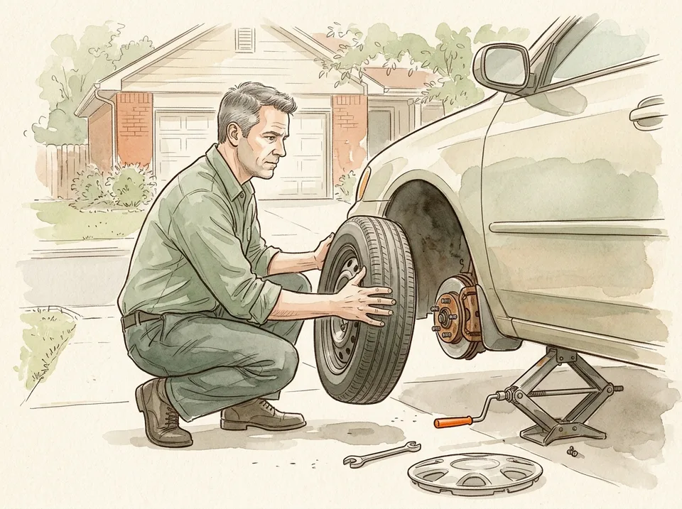 Step 10 of 15: Lift the spare with your legs and set it on the hub. A person lifting a compact spare tire onto the wheel hub of a raised sedan, knees bent, back straight