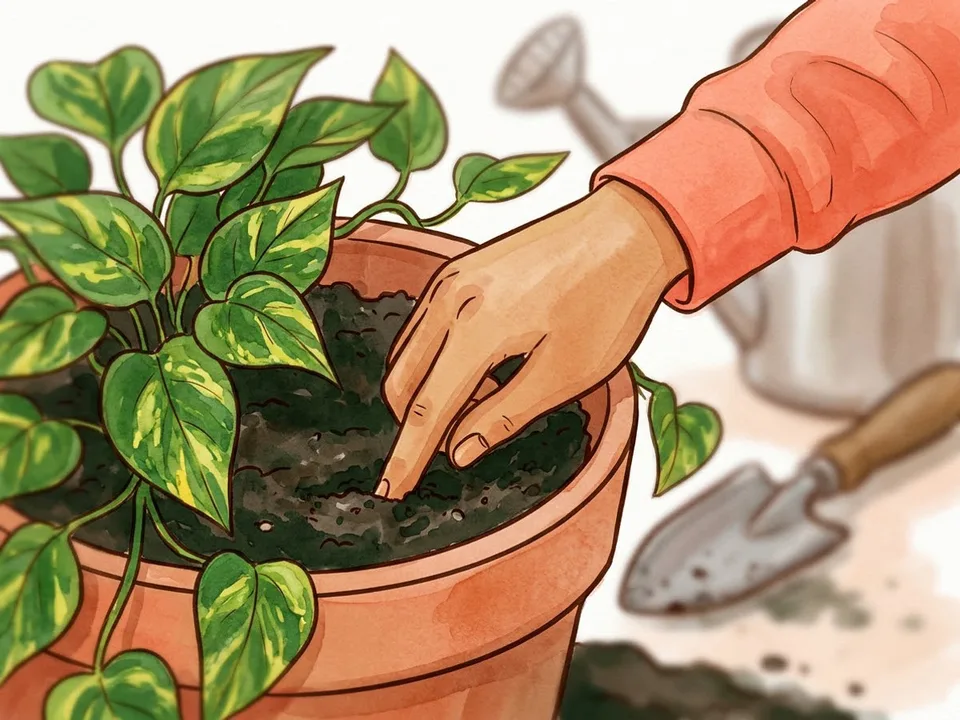 Step 1 of 12: Check the soil before you water. A hand checking the top inch of soil in a terracotta pot