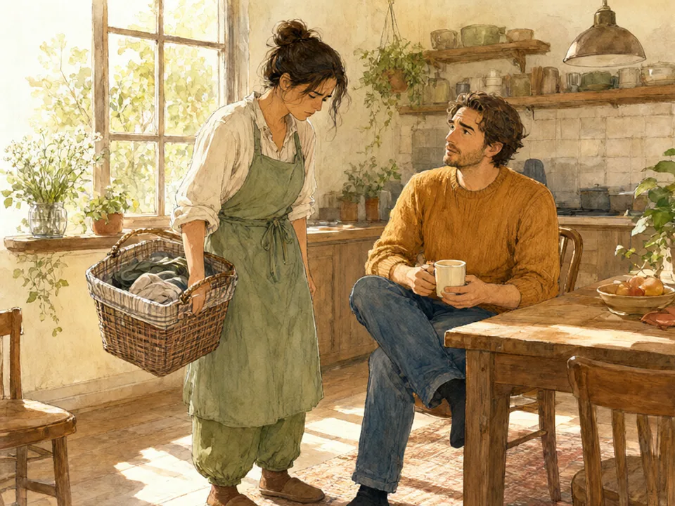 Step 4 of 12: Name the mental load out loud. One person carrying a laundry basket while another sits at the table