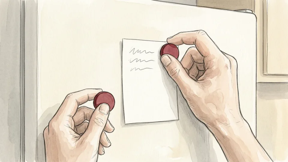 Step 12 of 15: Write the decision down where it can be seen. A hand pressing a small sheet of handwritten notes onto a pale fridge door with a round red magnet, while the other hand holds a second magnet ready.