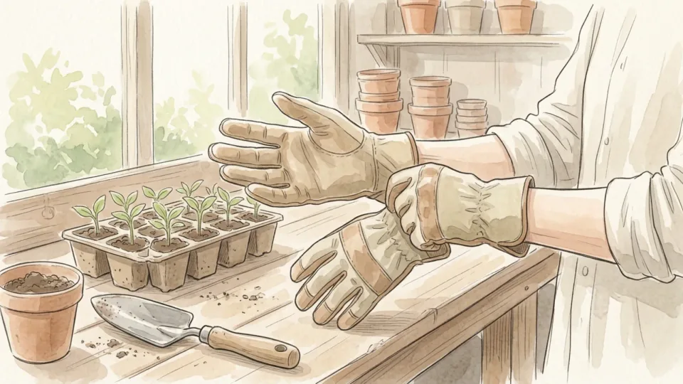 Step 12 of 15: Glove up for cleaning products and the garden. A pair of hands pulling on sturdy canvas gardening gloves at a potting bench beside a tray of green seedlings, a trowel and a clay pot of soil.