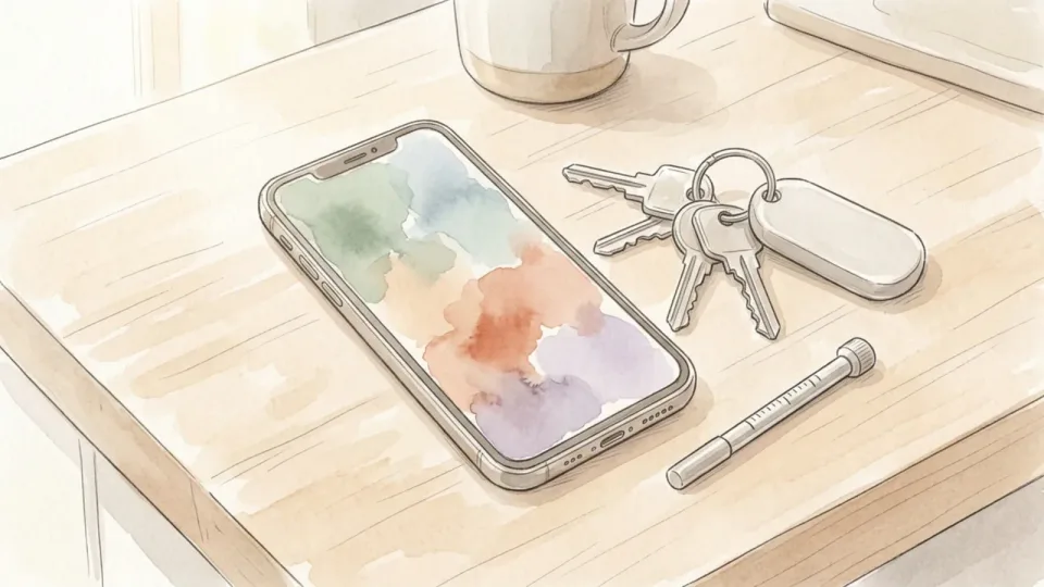 Step 14 of 15: Put the check on a monthly cycle. A phone, a set of car keys and a small tire gauge lying on a pale wooden worktop with a mug behind them, the phone screen glowing in soft washes of colour.