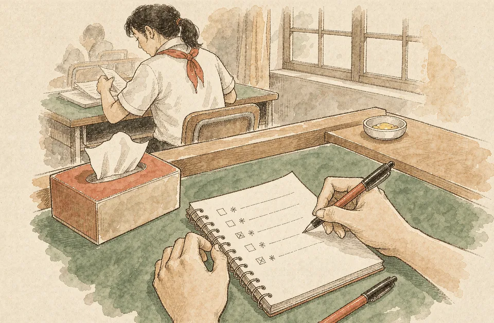 Step 9 of 12: Write five lines after every meeting. 笔记本上记录的五行会议要点