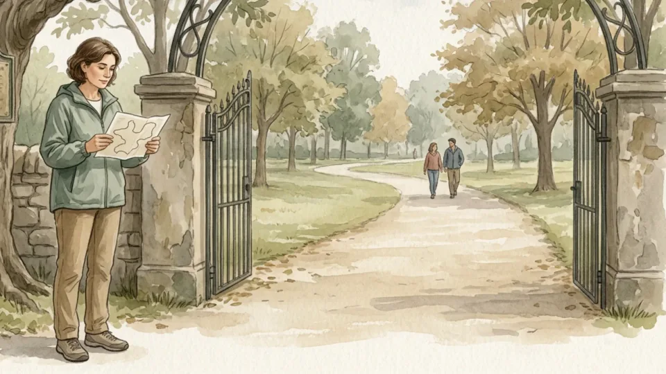 Step 2 of 15: Choose a welcoming event or route. A person reading a simple map beside the entrance to a leafy public park