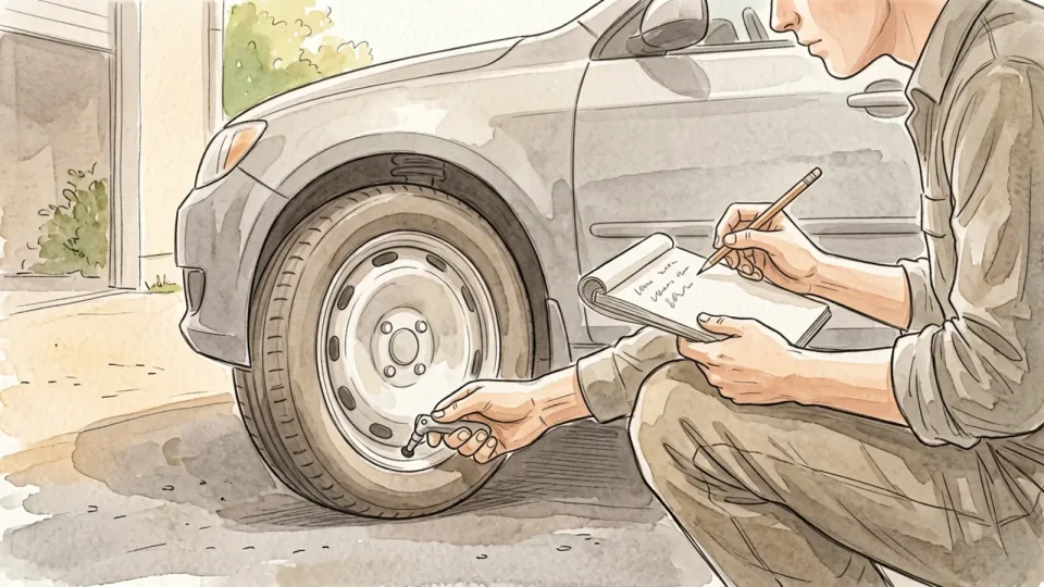 Step 8 of 15: Read the figure and write it down. A person crouching beside a car wheel with a gauge in one hand and a small notepad balanced on their knee.