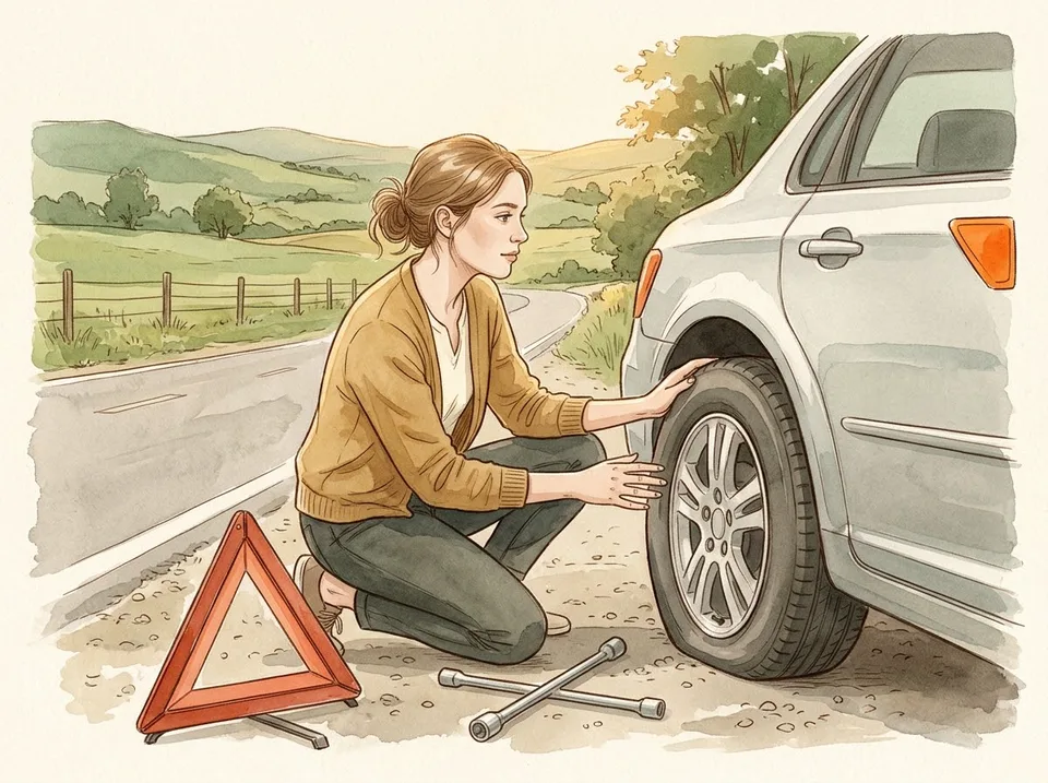 A woman kneeling beside a sedan with a flat tire on the gravel shoulder of a rural American highway, a warning triangle and lug wrench beside her