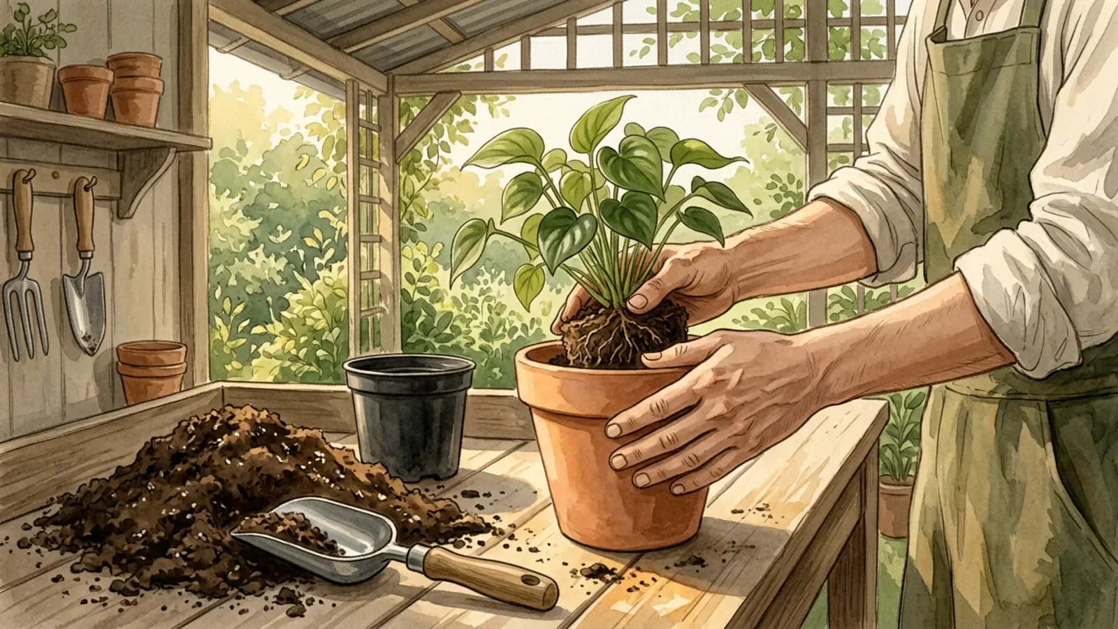 A gardener placing a leafy houseplant into a clean pot at a bright potting table.