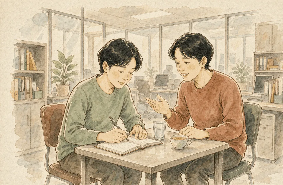 Step 10 of 12: Answer criticism with a question before an answer. 身体前倾，边听同事说话边记录
