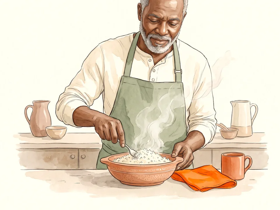 Step 12 of 12: Rest and fluff. A cook fluffing steamed rice with a fork