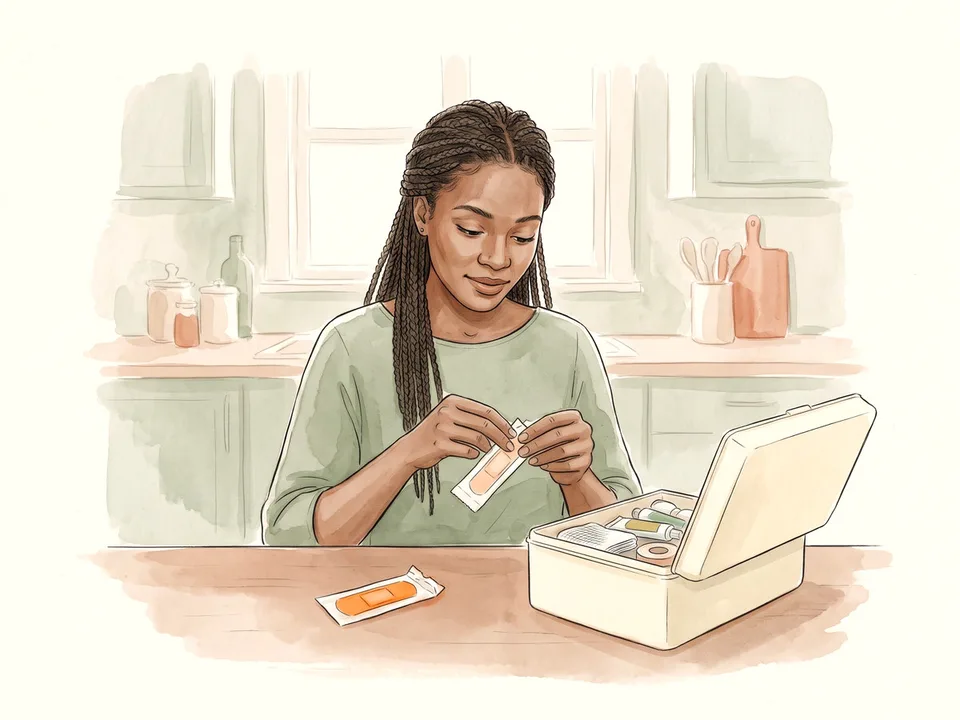 Step 5 of 12: Cover cuts and scrapes. A woman opening a sterile bandage beside a first-aid kit