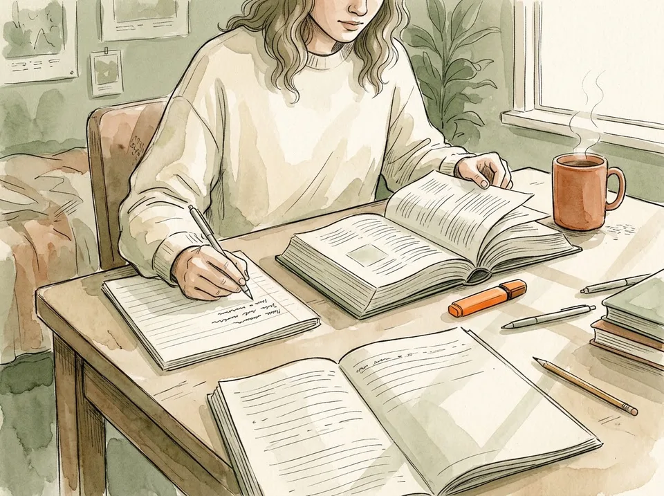 Step 1 of 15: Skim the chapter before you walk in. A student flipping through a textbook chapter and writing three questions at the top of a notebook page