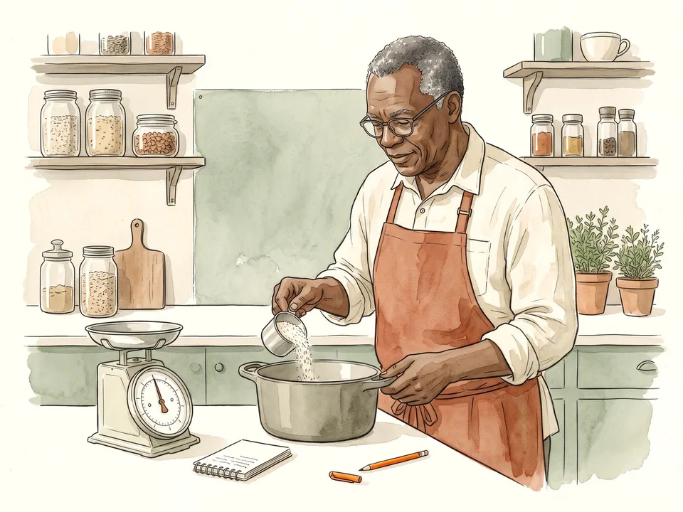 Step 2 of 12: Measure rice and water. A cook measuring rice into a heavy pot beside a kitchen scale
