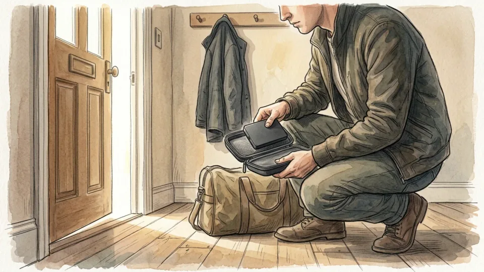 Step 10 of 15: Keep another copy away from home. A person tucking a portable drive into a small padded case beside a bag at a front door.