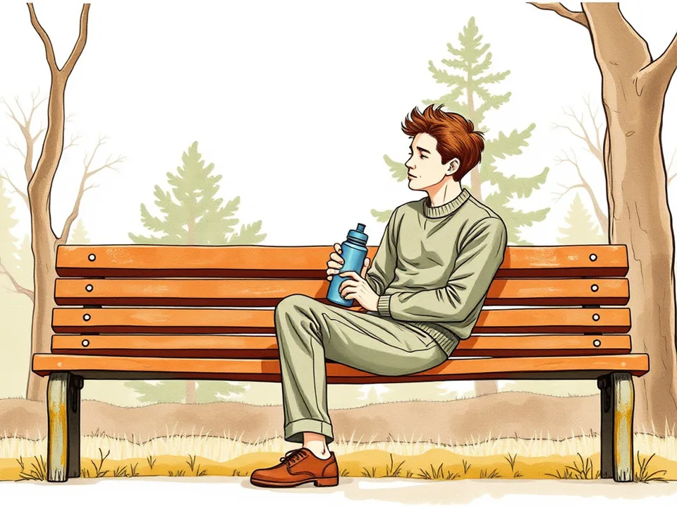 Step 10 of 12: Expect the three-week dip. A person sitting on a park bench holding a water bottle, tired but calm, trees behind