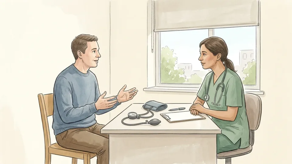 Step 2 of 15: Check whether to ask a clinician first. An adult talking with a healthcare professional in a bright consulting room