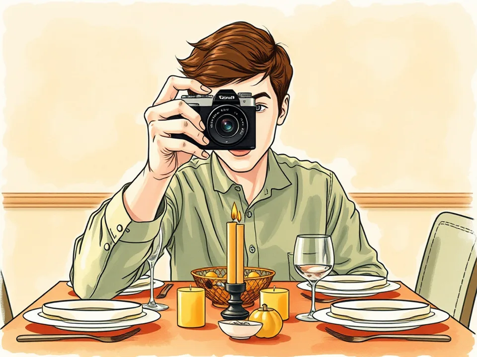 Step 7 of 12: Document it lightly. A person photographing a laid table with candles