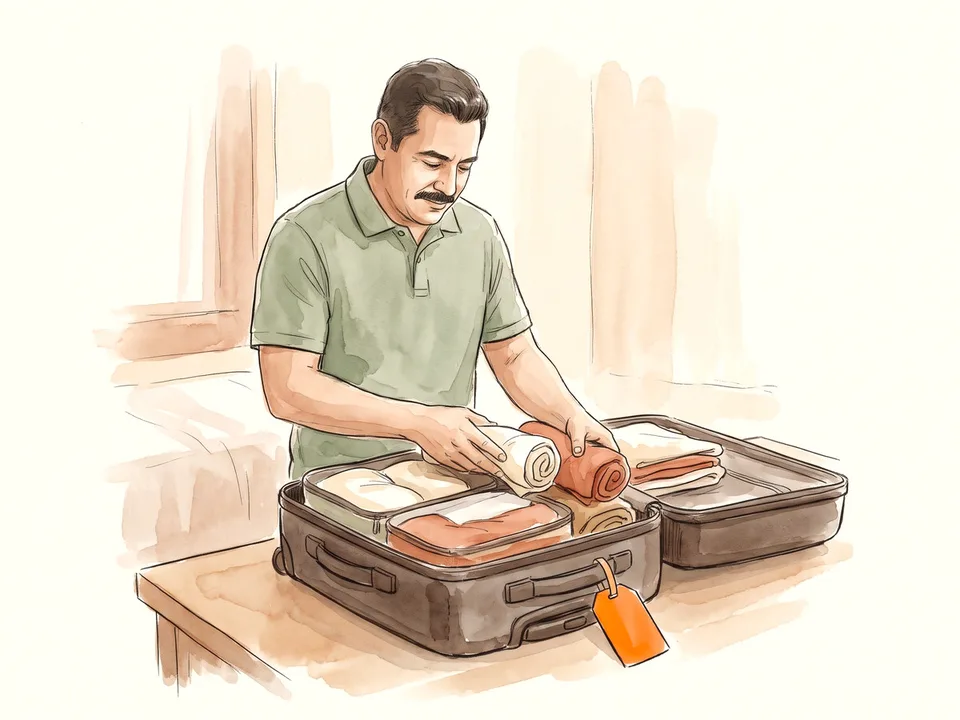 Step 6 of 12: Use packing cubes. A traveler filling packing cubes with rolled clothes