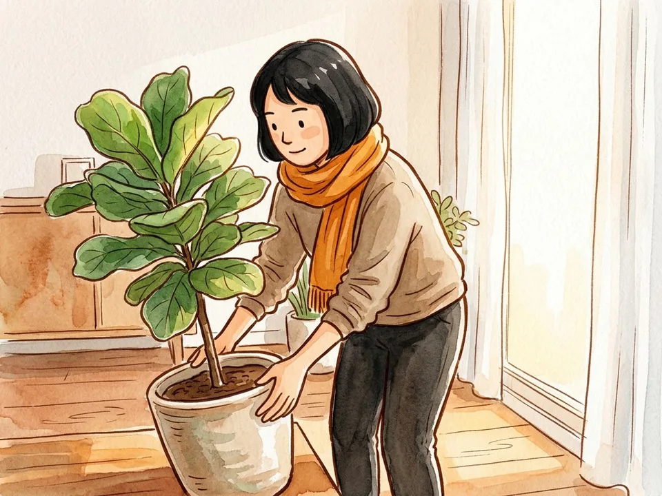Step 3 of 12: Match the plant to the light. A gardener moving a fiddle-leaf fig into soft window light
