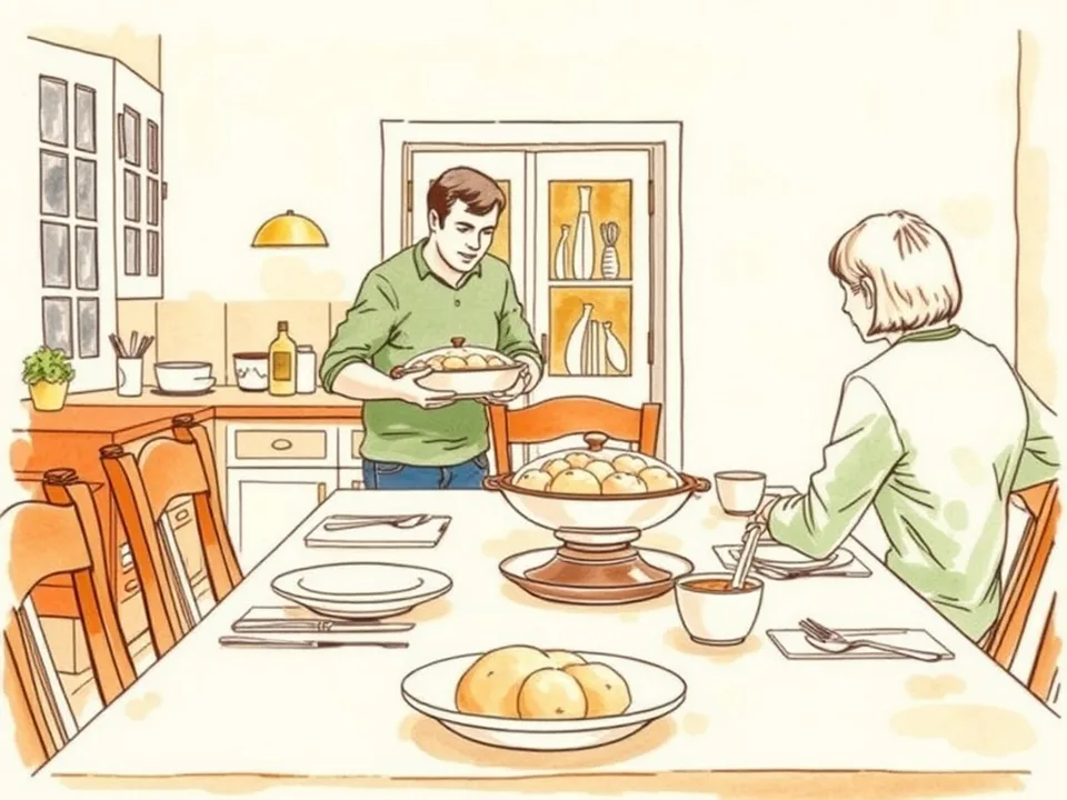 Step 10 of 12: Let newcomers add one thing. A newcomer arriving at a family table with a covered dish