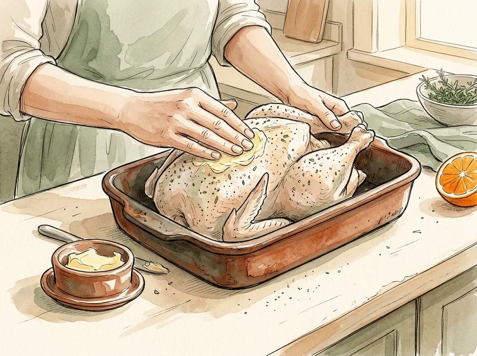 Step 8 of 15: Rub the skin with butter or oil and season again. Hands rubbing soft butter over the skin of a seasoned raw chicken in a roasting tin