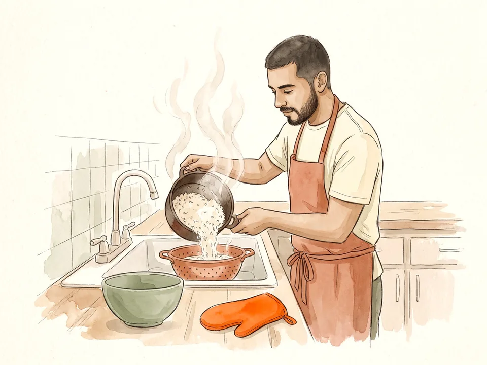 Step 8 of 12: Drain and steam-dry. A cook pouring rice into a colander in the sink