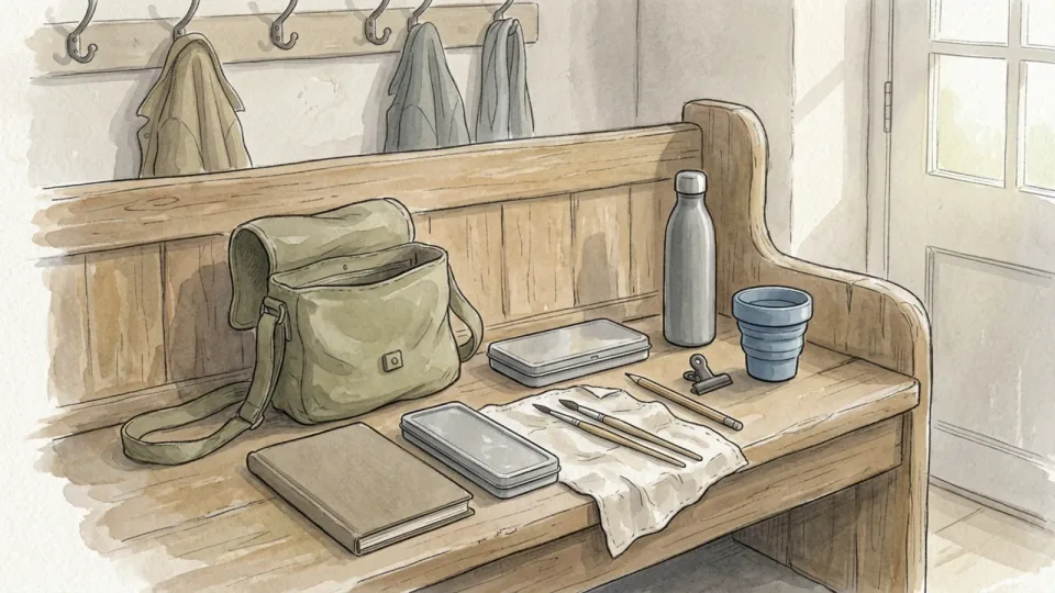 Step 5 of 15: Build one bag you can grab without thinking. A canvas shoulder bag on a hall bench beside two flat paint tins, two small sketchbooks, brushes on a cloth, a water bottle and a folding cup.
