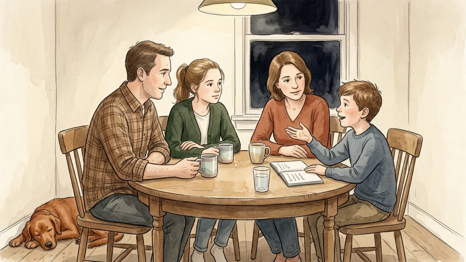 A family of four sitting around a round kitchen table in warm evening light, leaning in as the younger boy speaks, with mugs, a glass of water and an open notebook of looping pencil handwriting on the table and a dog asleep underneath.