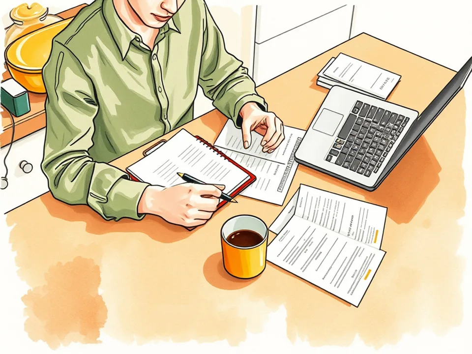 A person writing figures on papers at a desk with a laptop and statements spread out