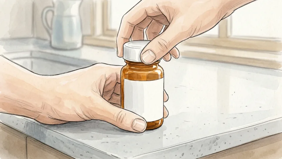 Step 11 of 15: Lock the safety cap every single time. Close view of two hands pressing down and twisting the cap back onto a pill bottle over a kitchen worktop.