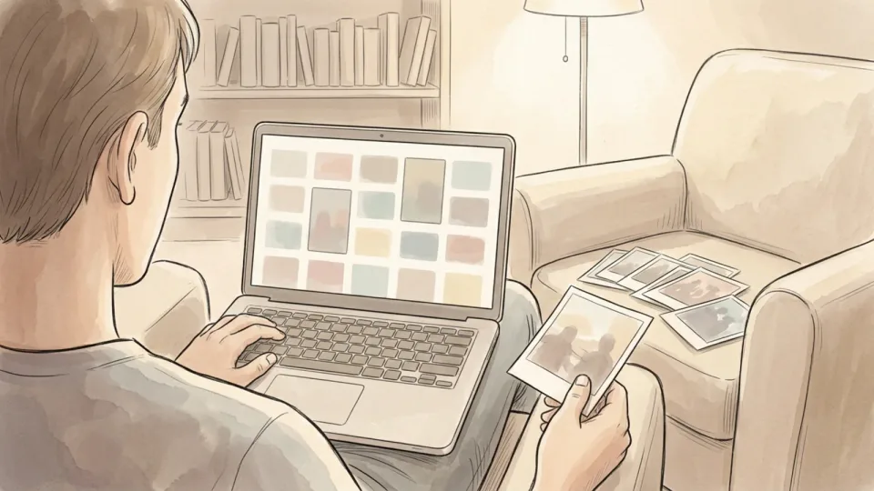 Step 6 of 15: Preserve originals and useful edits. Seen over the shoulder, a person in an armchair sorting photo thumbnails on a laptop, with printed photographs fanned out on the chair arm.