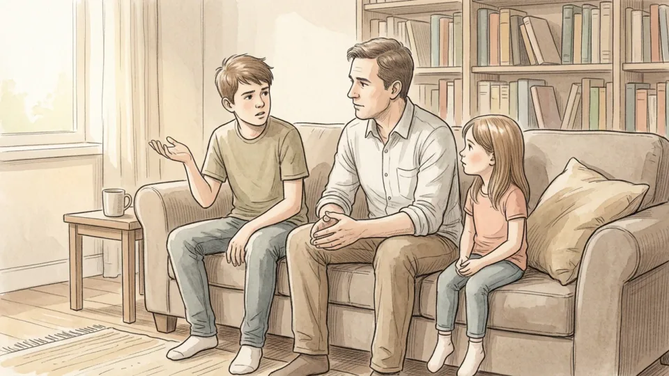 Step 10 of 15: Bring one problem, two at the most. A father sitting on a sofa between a teenage boy who is explaining something with an open hand and a younger girl who listens, full bookshelves behind them.