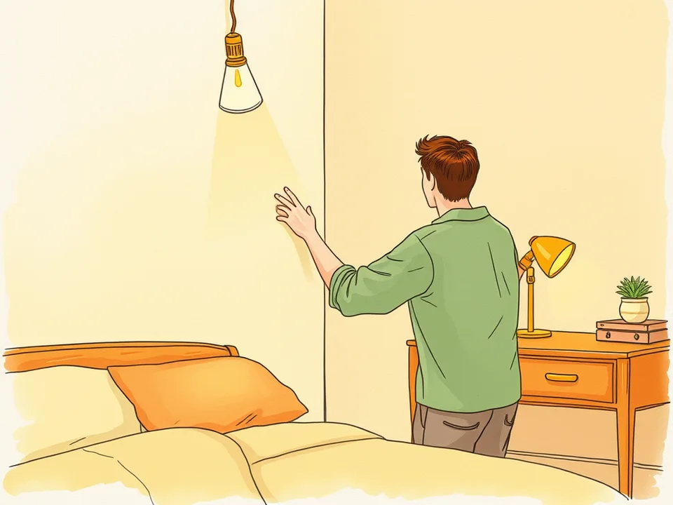 Step 4 of 15: Dim the lights an hour before bed. A parent switching off an overhead light and turning on a warm bedside lamp in a child's bedroom