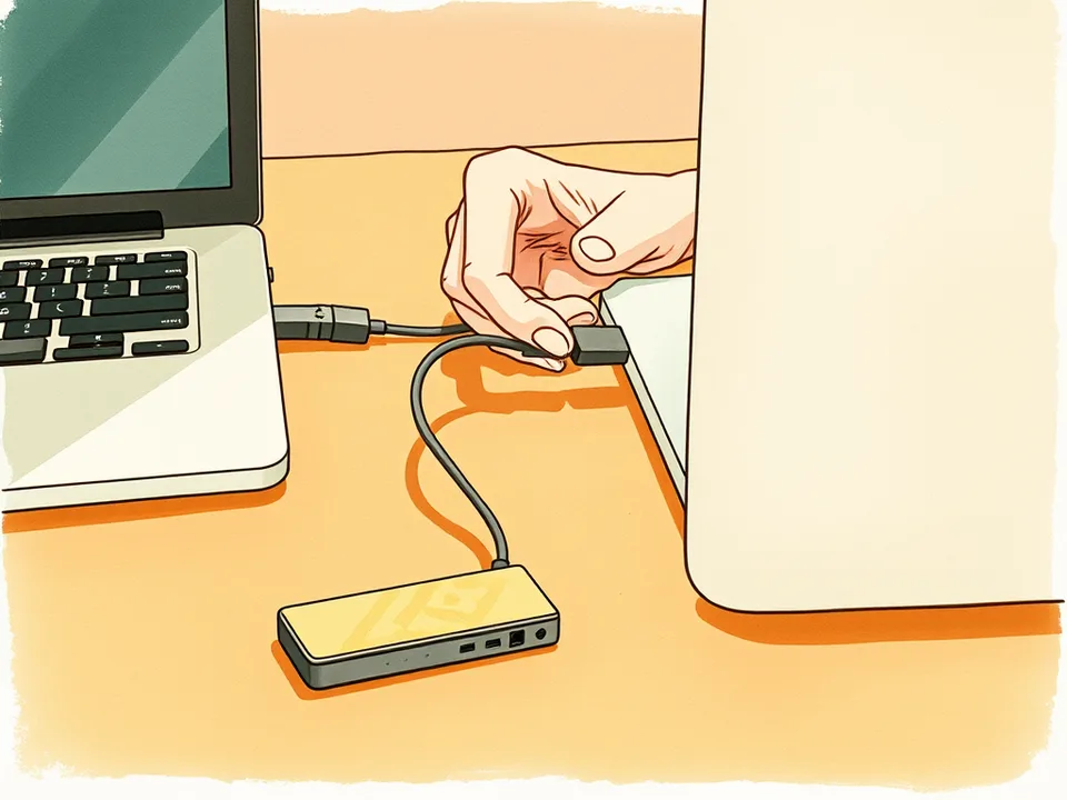 Step 6 of 15: Plug the drive into a port on the computer itself. A hand plugging an external drive cable directly into the side port of a laptop, a hub lying unused nearby
