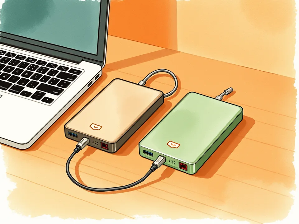 Step 4 of 15: Buy an external drive at least twice the size of your data. Two portable external hard drives on a wooden desk beside a laptop, one with its cable coiled neatly