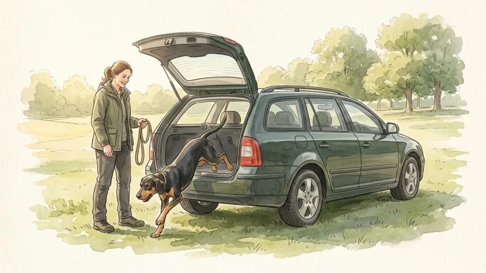 Step 10 of 15: Change the route when enthusiasm drops. A black-and-tan dog jumping down from the open tailgate of a plain estate car parked on grass at the edge of a park, while a woman stands beside it holding the lead ready.