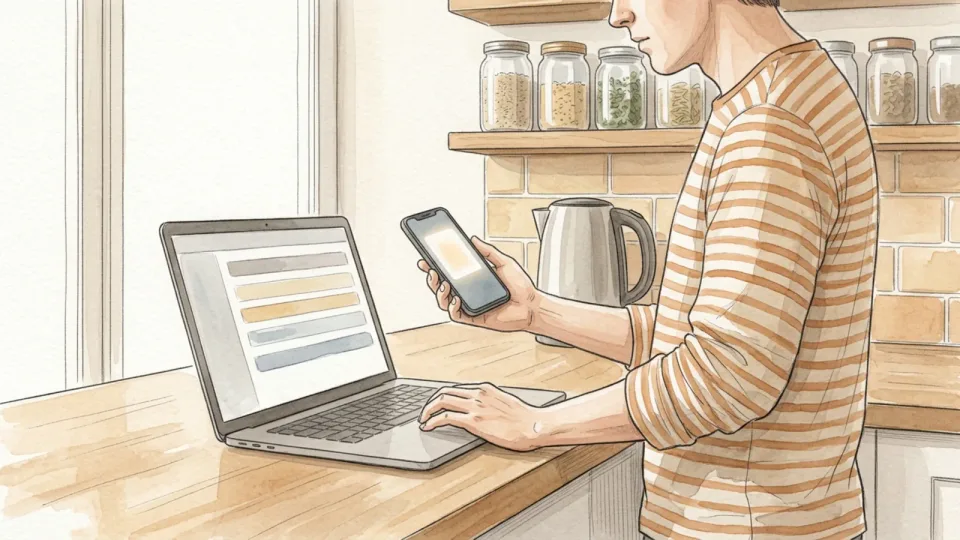 Step 14 of 15: Secure account access. A person reviewing account settings on a laptop with a phone held in the other hand.