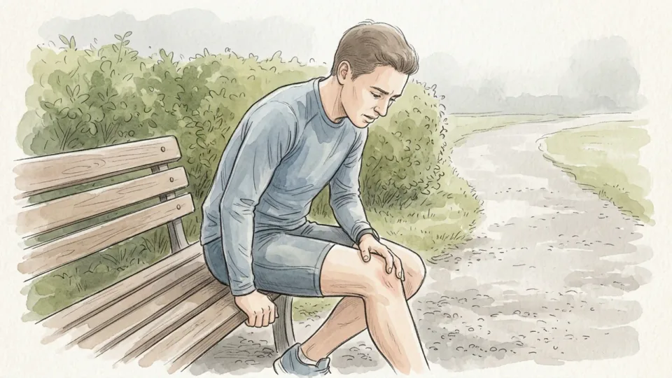 Step 15 of 15: Respond to pain and unusual symptoms. A person sitting on a park bench resting a hand on one knee and checking how it feels