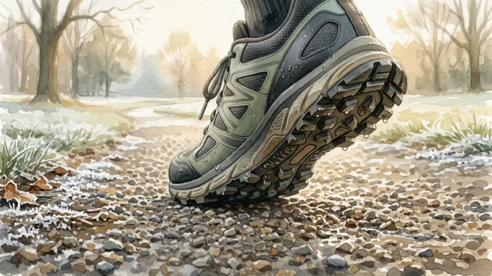 Step 4 of 12: Choose the surface before the pace. A close view of the textured tread of a running shoe above a gravel path, with light frost at the edges