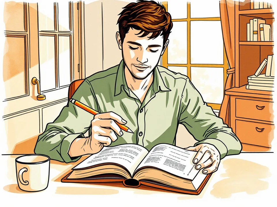 Step 4 of 12: Set a pace you can keep, with a pen in hand. A person reading an open book with a pen in hand at a small desk, a mug beside it