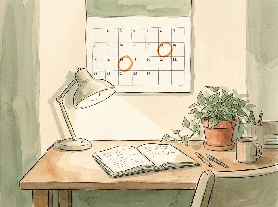 Step 15 of 15: Review on a spaced schedule. A wall calendar with three review dates circled and a notebook open on the desk below