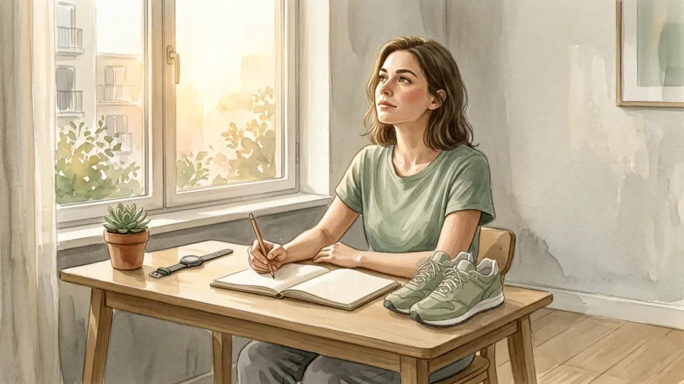 Step 1 of 15: Set a flexible finishing goal. A woman writing in a notebook at a desk with running shoes and a watch beside her