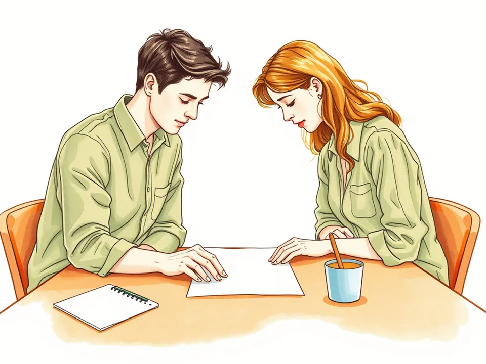 Step 9 of 12: Agree on one concrete next step. Two people looking at a single page between them and agreeing one concrete next step